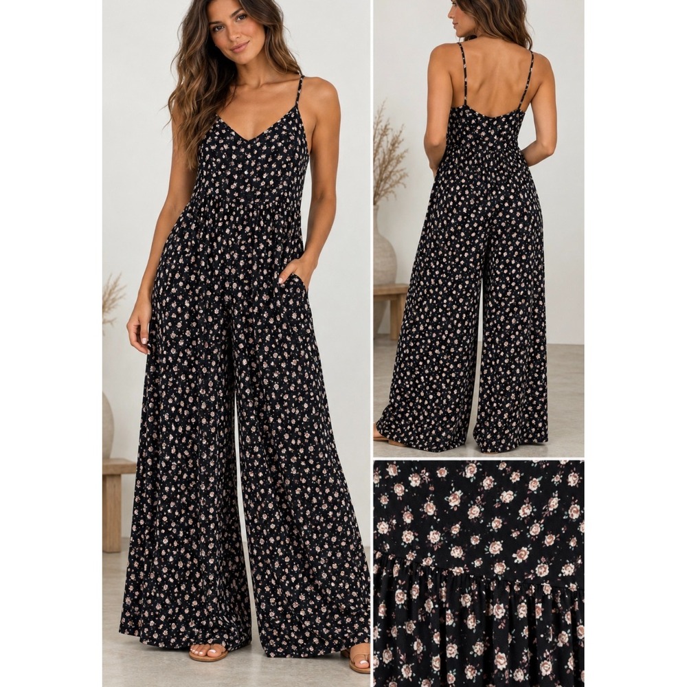 Natural Life Black Ditsy Floral Wide Leg Jumpsuit Boho Cottagecore Romper